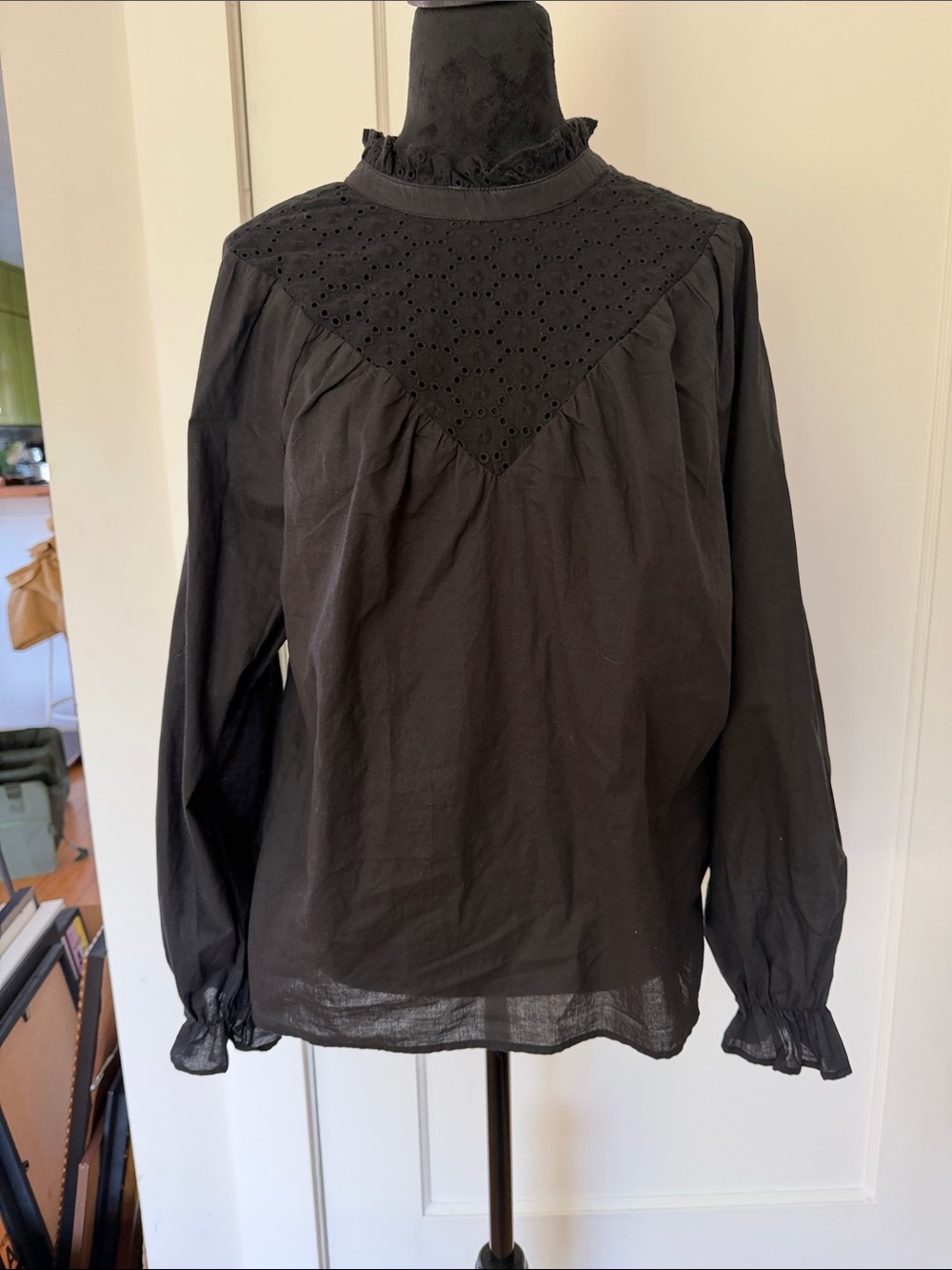 Saks Fifth Avenue Black Eyelet Yoke Ruffled-Neck Blouse
